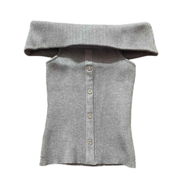 Sweaters - Gray Off Shoulder Ribbed Knit Button Top